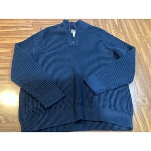 LL Bean Organic Cotton Waffle Knit Sweater XL Reg 1/4 Zip Pullover Blue Heavy